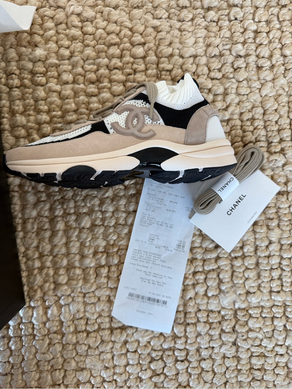 CHANEL Beige, White & Black CC Logo Chunky Knit Sneakers - Picture 2 of 6
